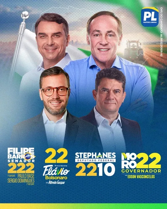 Santinho digital da chapa: Flávio Bolsonaro 22, Moro governador 22, Filipe Barros senador 222 e Stephanes deputado federal 2210